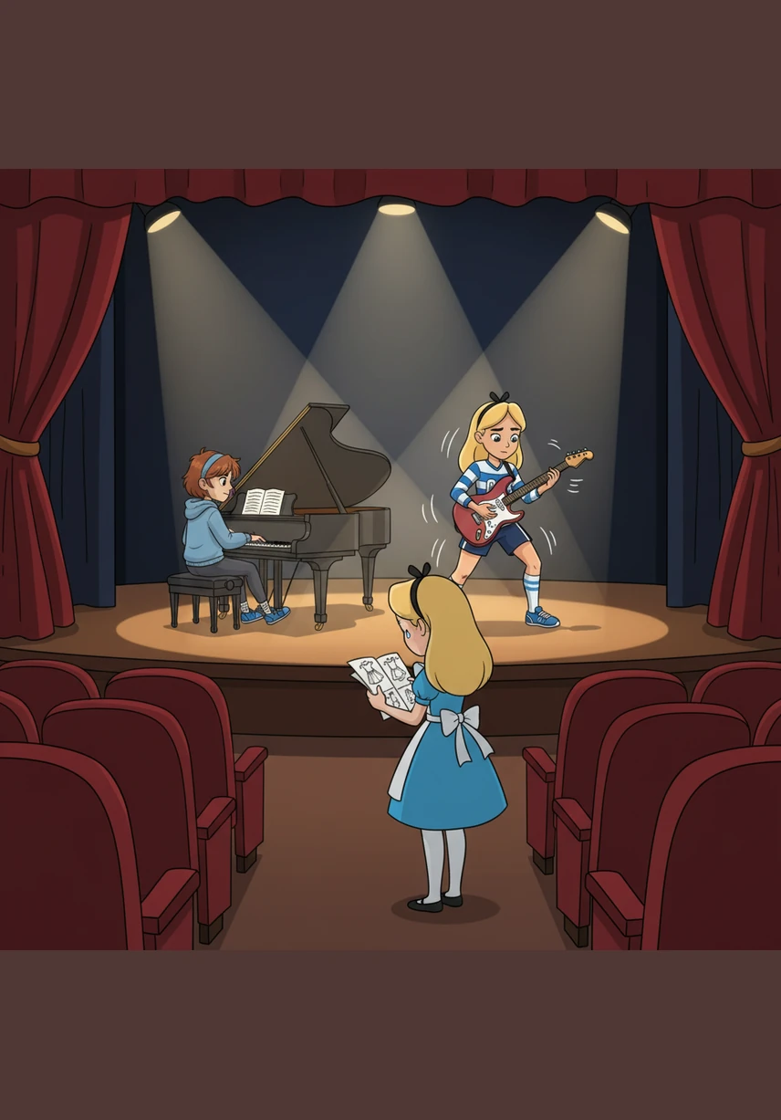 During the weekly auditions, Alice stands in the shadows of the auditorium, watching Caroline’s energetic guitar riffs and Sadie’s rhythmic piano playing. She looks down at her own song sketches and outfit designs, feeling like a small star in a galaxy of much brighter lights as she quietly slips away.