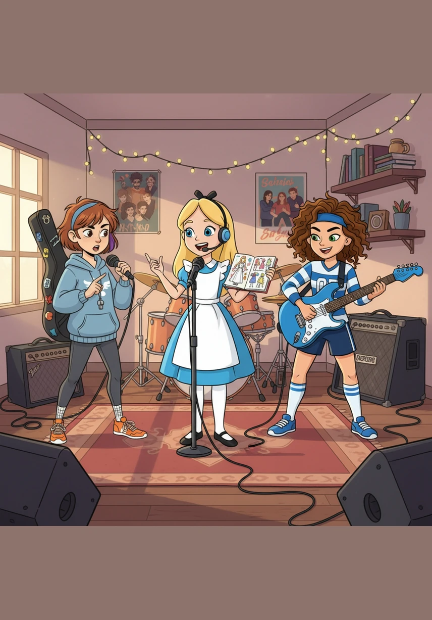 Inside the cozy music room after school, the girls combine their talents for the first time as Alice shares her original song. As Alice sings lead and shows off her vibrant outfit sketches, Caroline adds a driving guitar beat and Sadie weaves in a smooth rap harmony, creating a sound that surprises them all.