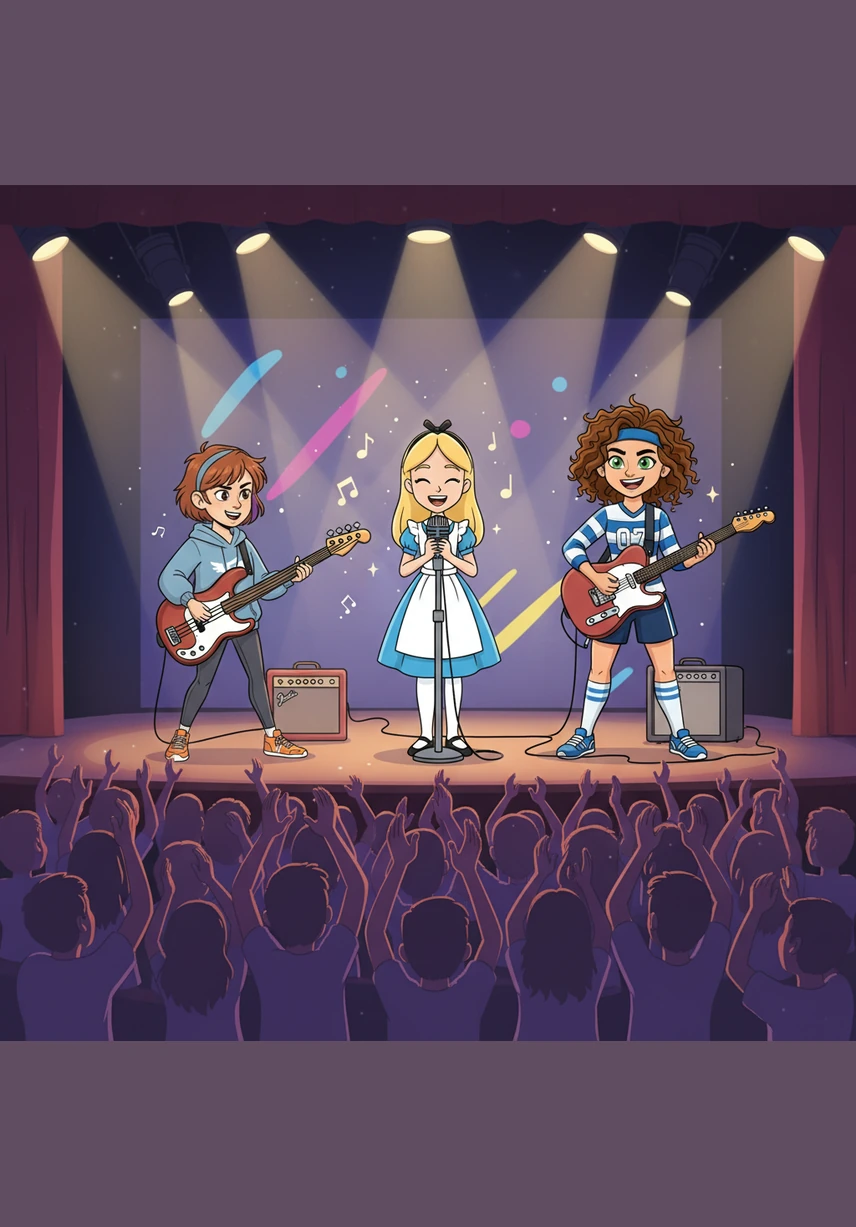 The night of the talent show arrives, and the Neon Pastellas step onto the stage under the brilliant glow of the spotlights. They perform their anthem with incredible passion, their voices and instruments blending perfectly as the massive crowd of students erupts into thunderous applause.