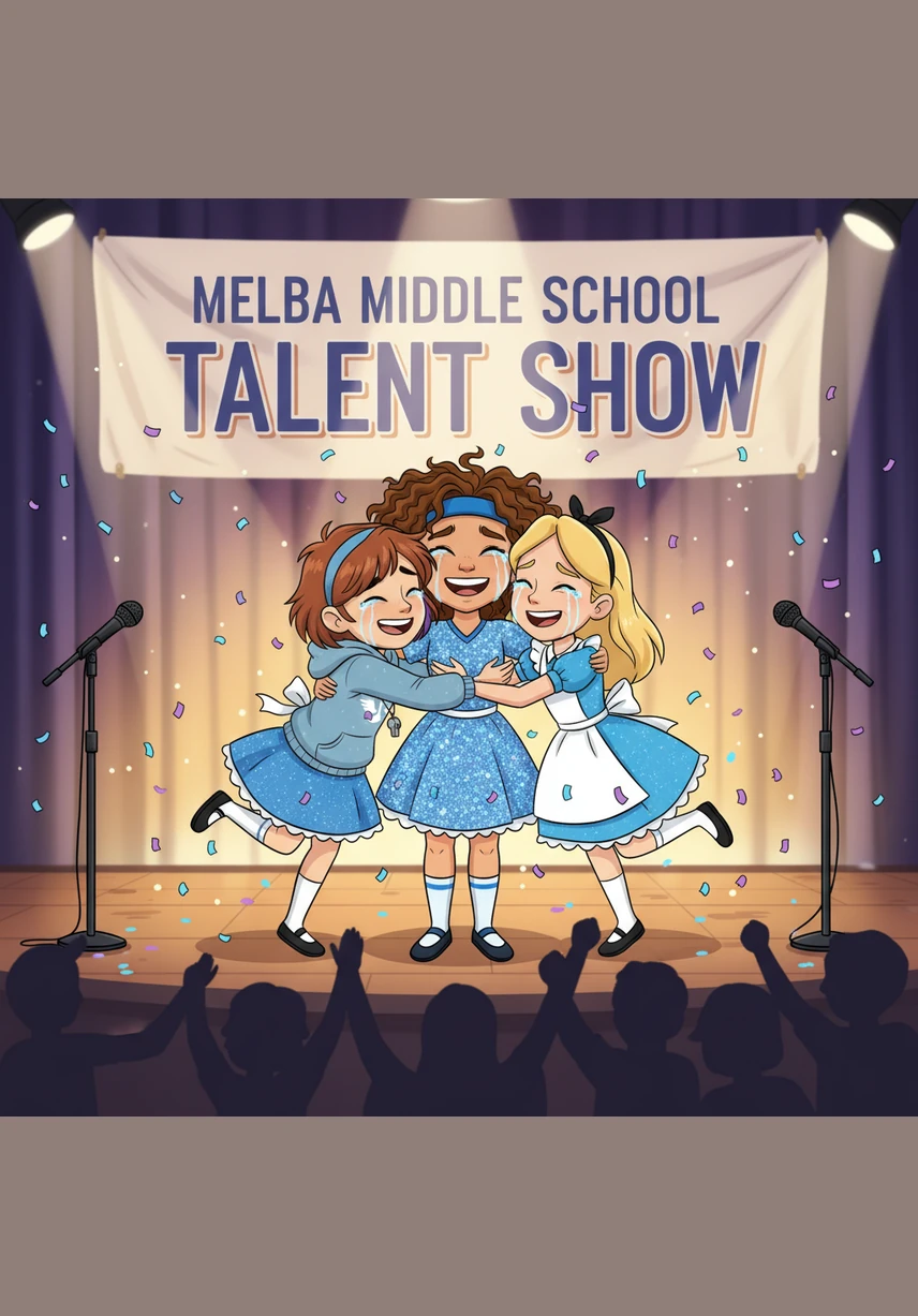 Tears of joy fill their eyes as the announcer declares Neon Pastellas the first-place winners of the Melba Middle School talent show. The girls scream and pull each other into a massive group hug on center stage, realizing that their shared dream has finally become a reality.