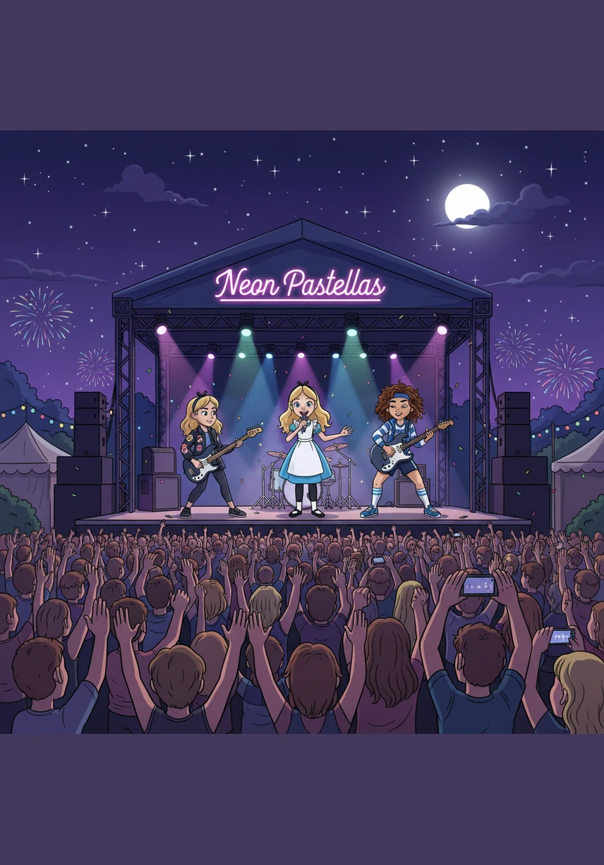 Under the sprawling night sky of the local festival, Neon Pastellas performs for a massive, cheering crowd on a professional stage. As the music swells and the lights flash, Alice realizes that they didn't just form a band; they found a place where they truly belong together.