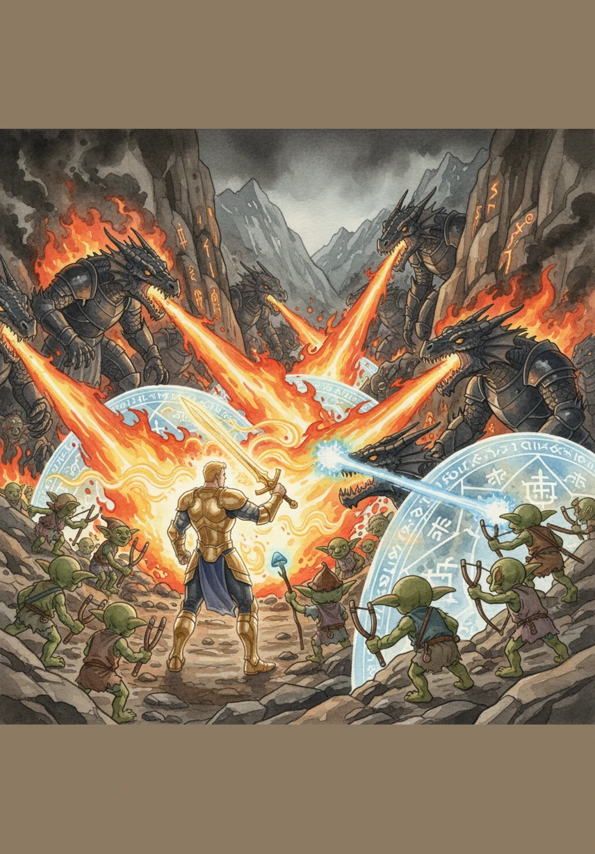 The dragon-kin army launches a massive invasion, breathing fire into the mountain passes to flush out the goblin defenders. However, they are met with sophisticated magical barriers and goblin shamans who channel Kaelen's divine energy into devastating spells. Kaelen leads the counter-attack from the front, his sword humming with the collective strength of his entire race.