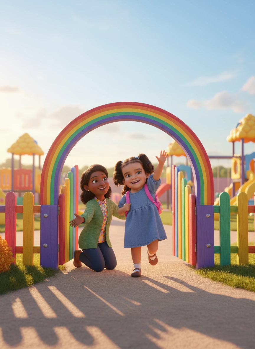 Mariam, a bright-eyed 4-year-old with a cheerful smile, skips through the colorful gates of her kindergarten. Her tiny backpack bounces with each step, and she waves excitedly at her teacher, Ms. Lily, who greets her with a warm hug. The morning sun casts long, playful shadows on the vibrant playground equipment.