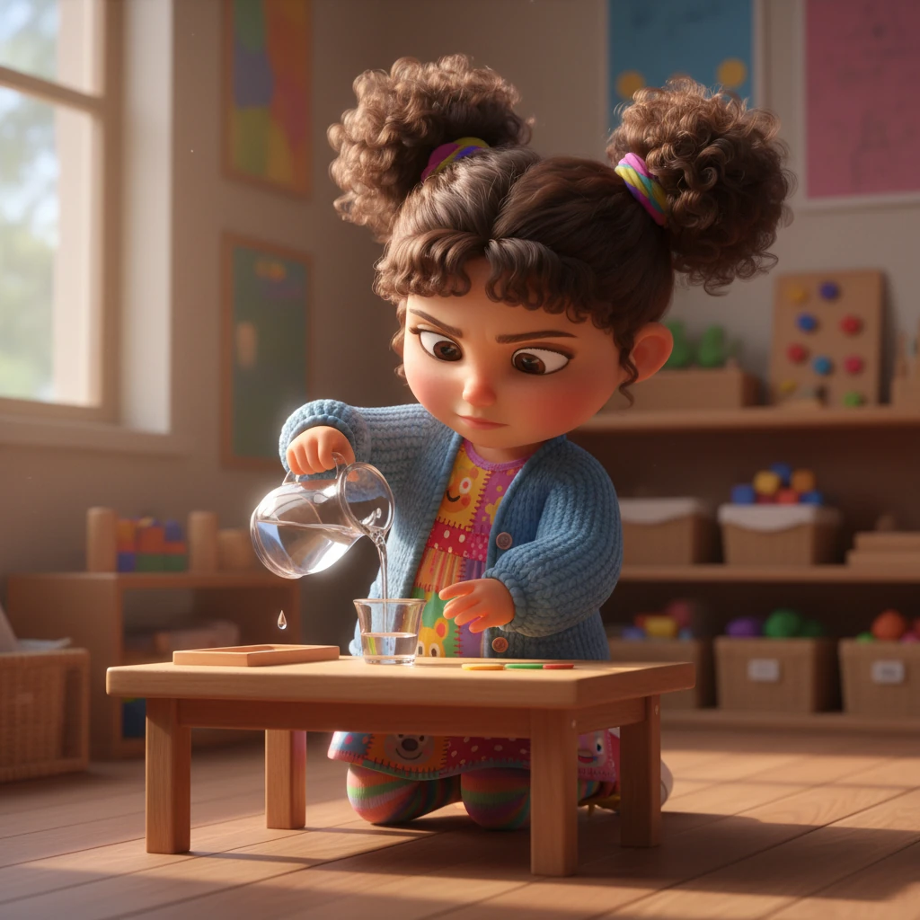 Inside the classroom, Mariam carefully pours water from a small pitcher into a tiny glass as part of a Montessori activity. Her brow is furrowed in concentration, a tiny droplet sparkling on the rim of the pitcher. Soft, natural light streams through a large window, highlighting the wooden materials and Mariam's focused expression.