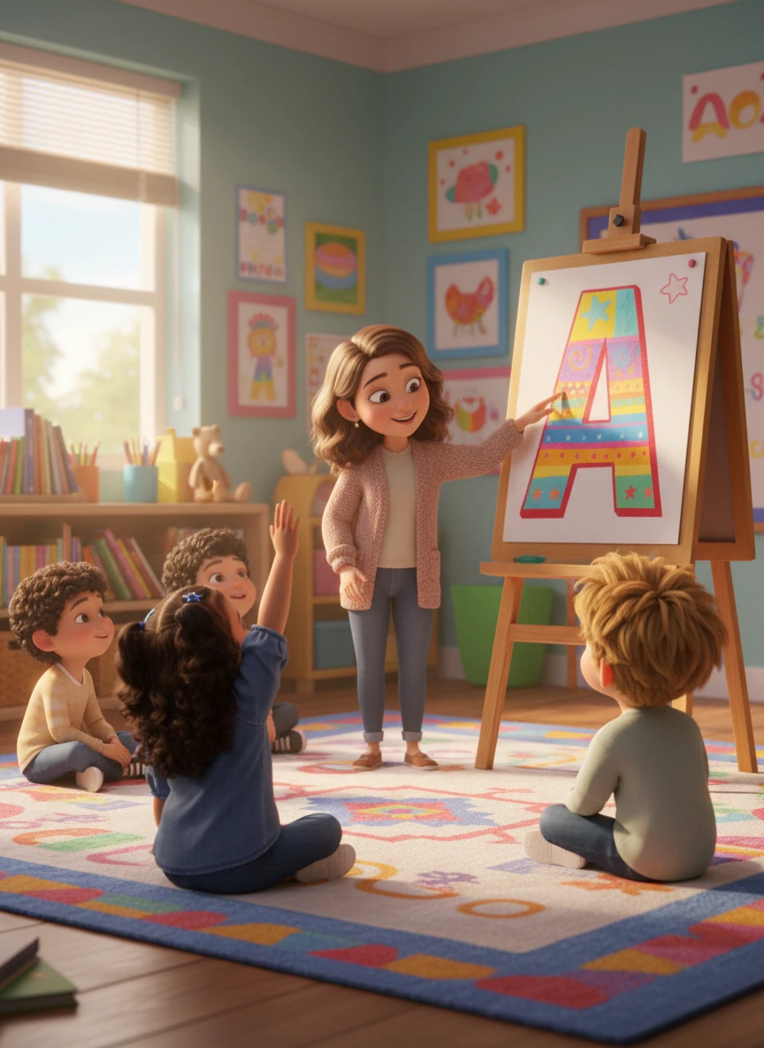 Mariam sits cross-legged on a patterned rug with her friends, eyes wide as Ms. Lily points to a giant, colorful letter 'A' on an easel. She eagerly raises her hand, ready to share a word that starts with the sound. The room is filled with soft, inviting colors and the gentle hum of children learning.