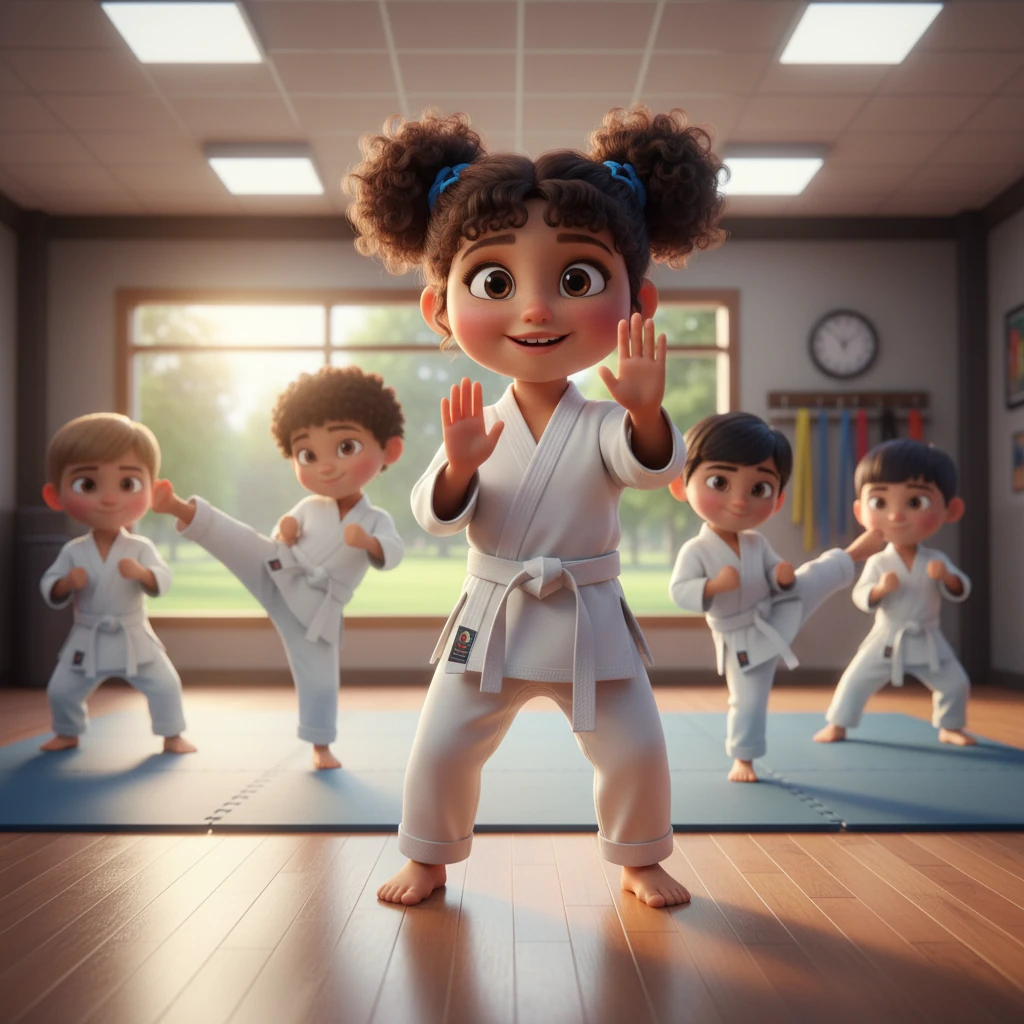 Dressed in a crisp white gi, Mariam stands with her little classmates in their Karate class. Her small hands are in perfect ready position, a determined yet joyful expression on her face as she mimics her instructor's precise movements. Dynamic lighting emphasizes the energy of their practice kicks and blocks.