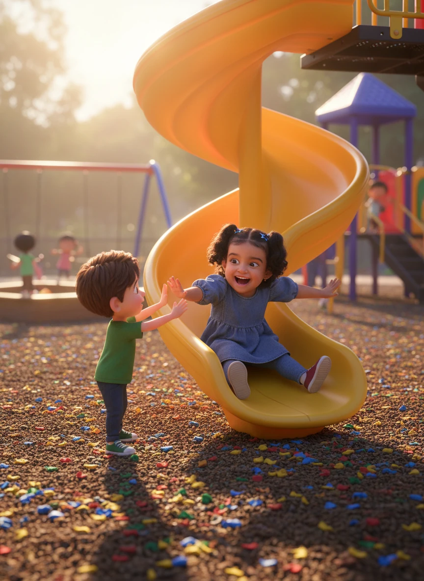 During playtime, Mariam laughs joyfully as she slides down a twisty slide, landing softly in a pile of colorful rubber chips. Her friend, Leo, waits at the bottom, arms outstretched for a high-five. The playground is bathed in bright, playful sunlight, filled with the sounds of happy children.