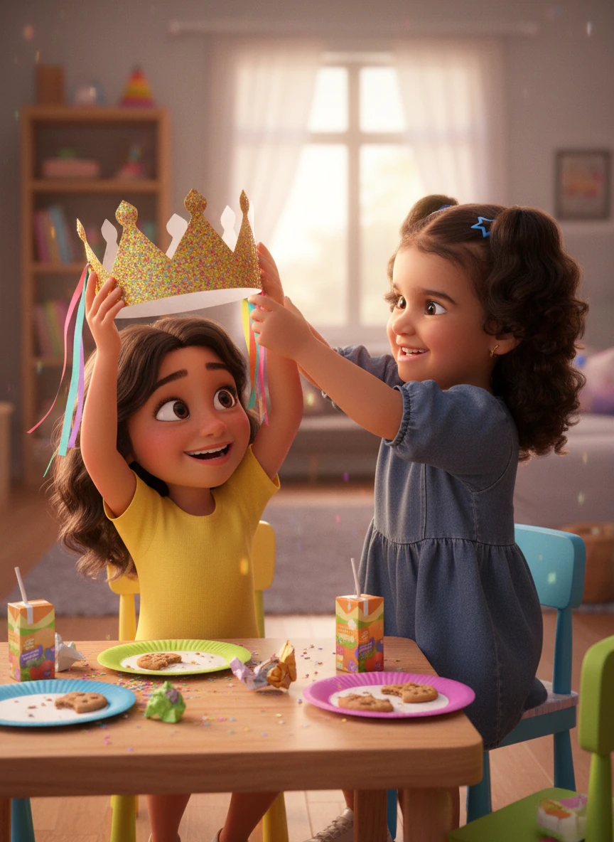 Mariam proudly presents a handmade, glittery paper crown to her friend, Maya, during snack time. Maya's eyes sparkle with delight as she carefully places the crown on her head, and Mariam beams with satisfaction. The scene is warm and intimate, with soft light illuminating their happy faces.