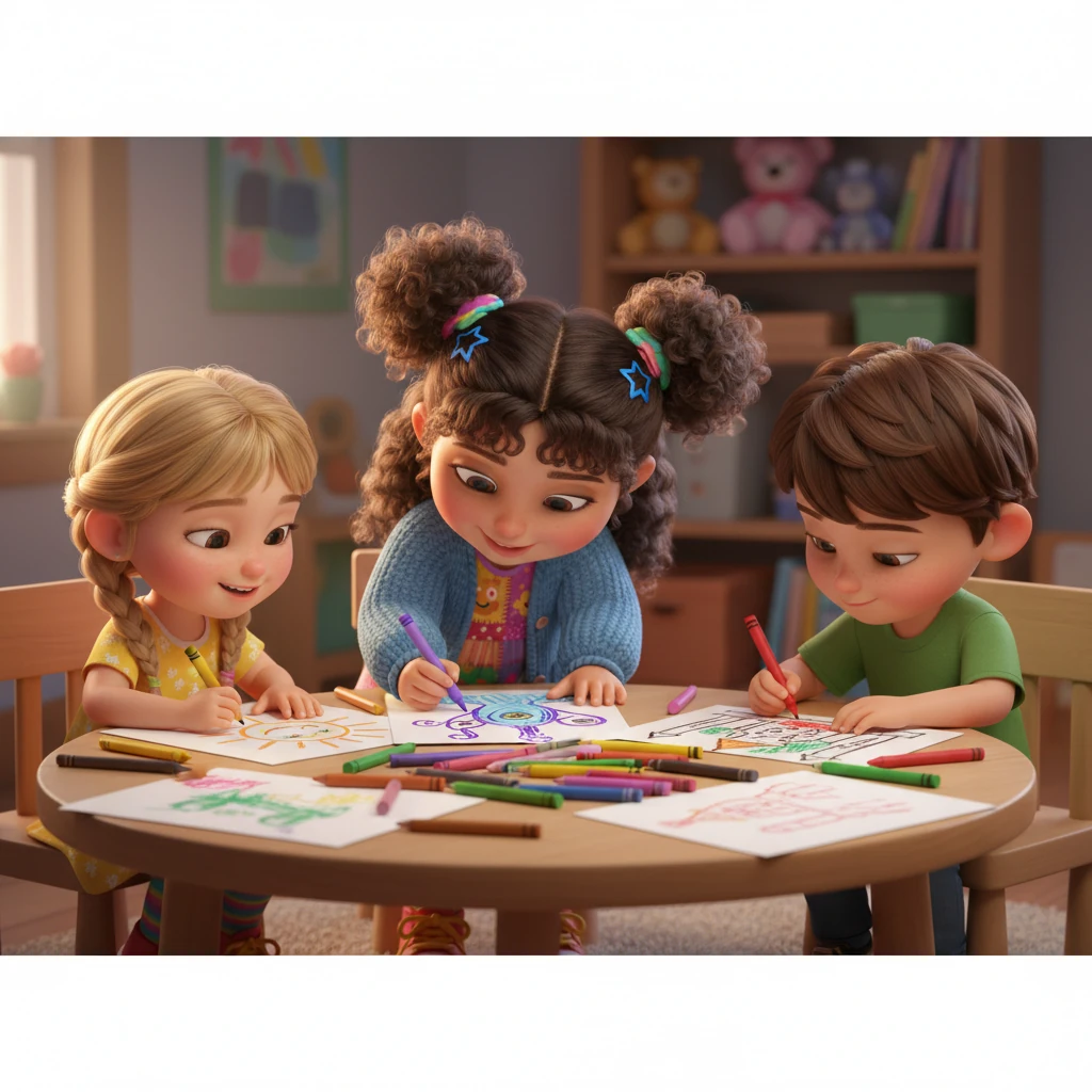 Gathered around a low table, Mariam and her friends, Noah and Chloe, are deeply engrossed in a drawing session. Mariam carefully adds a splash of vibrant purple to her fantastical creature, while Chloe sketches a smiling sun and Noah draws a towering castle. Crayons and markers are scattered artfully across the paper, reflecting the shared joy of creation.