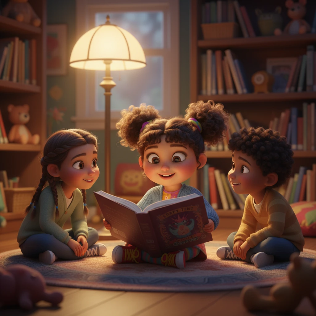 Mariam sits with her friends during a special "story time" circle, her eyes wide with wonder as Ms. Lily reads from a large, illustrated book. A gentle glow from a nearby lamp illuminates their attentive faces, creating a cozy and magical atmosphere. They occasionally exchange knowing glances and quiet giggles.
