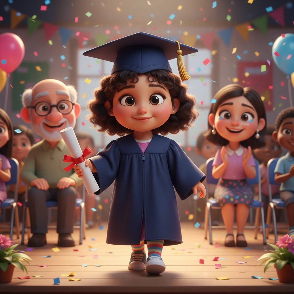 On graduation day, Mariam, wearing a miniature cap and gown, walks across a small stage to receive her "Kindergarten Graduate" certificate. Her parents watch proudly from the audience, tears of joy welling in her mother's eyes, as Mariam offers a shy, triumphant smile to the camera. Confetti in cheerful colors floats gently around her.