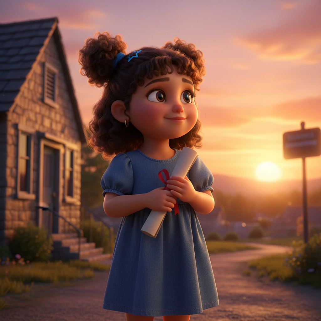 Mariam stands outside the kindergarten one last time, clutching her diploma with both hands, a bittersweet smile playing on her lips. The sun sets in a beautiful array of oranges and pinks behind her, symbolizing the end of one chapter and the exciting beginning of another. She looks toward the horizon, ready for new adventures.