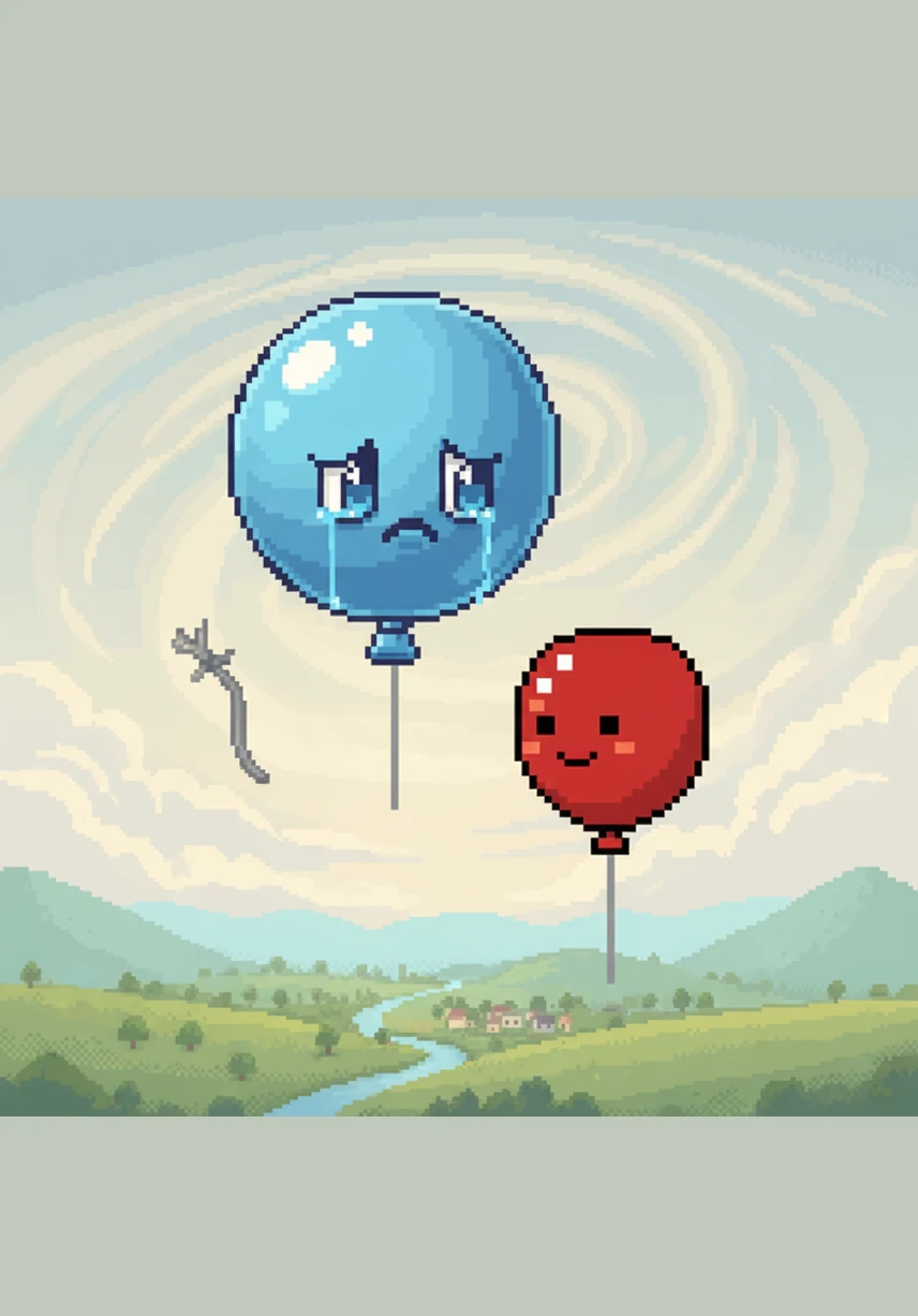 Using his cleverness and care, Pip helped put Benny back together until he was a small, perfect balloon once again. Benny looked at his reflection in a passing cloud and felt a wonderful sense of relief to be back to his original size.
