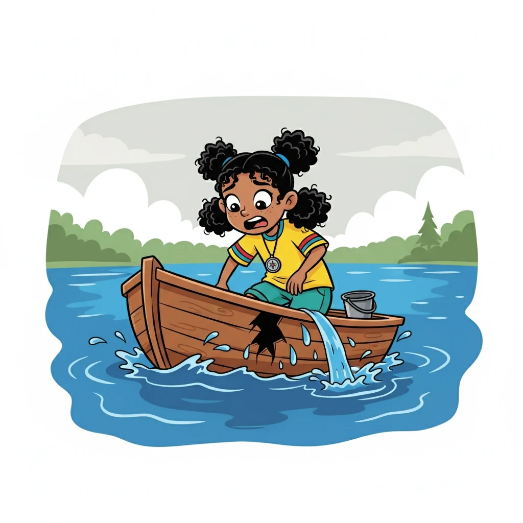 Mid-lake, Anshu heard water seeping in. Peering down, his heart sank. A small hole was letting water into the boat! Panic rose as the water level increased. He tried to bail out the water, but it was useless. The boat began to sink, and Anshu, who wasn't a strong swimmer, felt fear grip him.