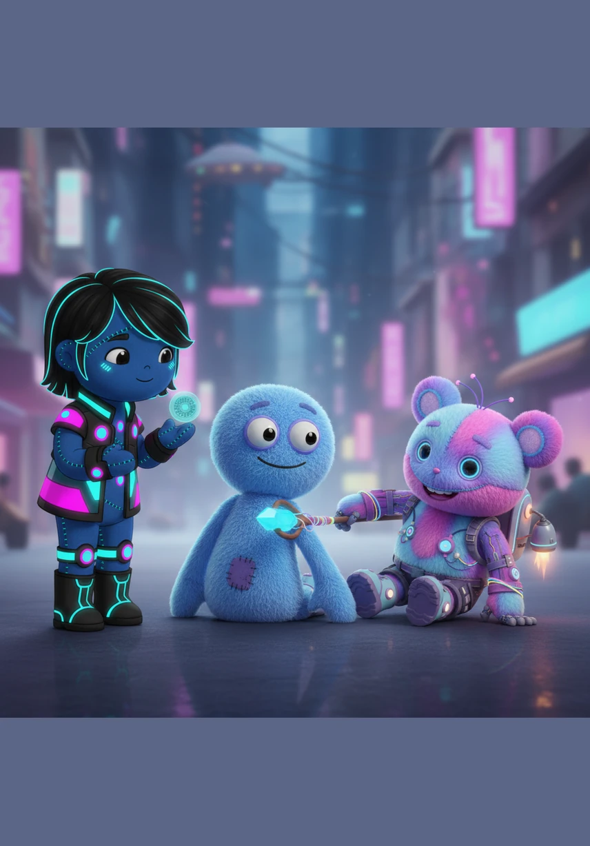 Jacob, a fluffy doll with long arms and googly eyes, sits quietly with his siblings. Pang, the button-eyed prankster, is sneaking up on him while wise Chatrel watches over them with a gentle smile.