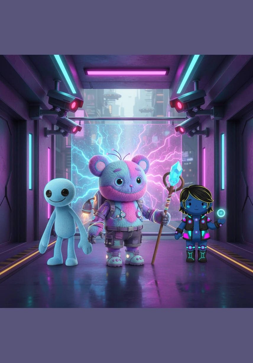 Their path is suddenly blocked by a massive, snoring ginger cat stretched across the doorway like a furry mountain. The siblings stop in their tracks, unsure how to bypass the sleeping giant without waking it.