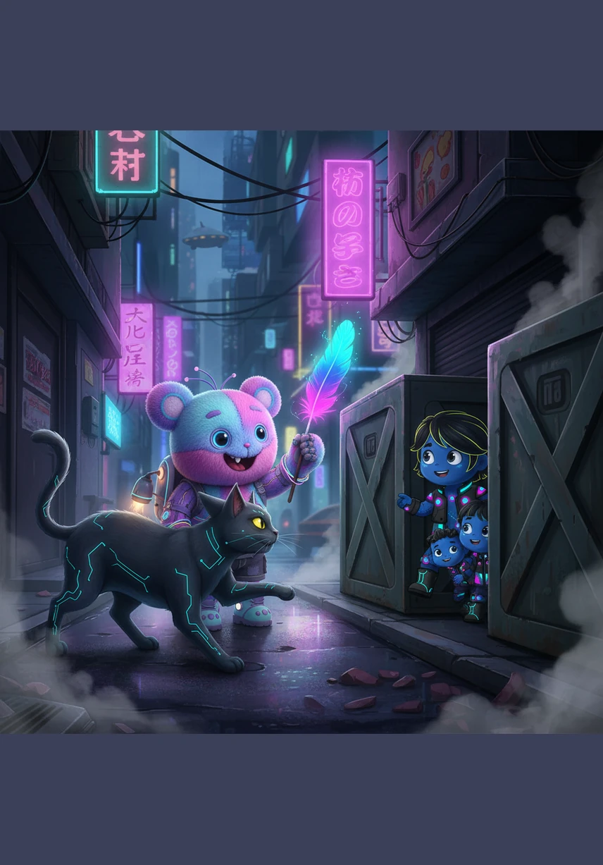 Working together, Max uses a colorful feather to distract the cat while Jacob and his siblings slip quietly through the gap. Max watches Jacob’s brief, relieved smile, feeling a spark of genuine joy just to see his friend happy.