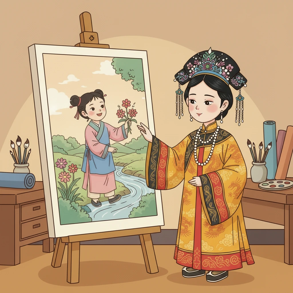 在私密的画室里，慈安太后凝视着一幅未完成的旧画卷，上面是她年少时在乡间小溪边采花的场景。那时的她无忧无虑，笑容灿烂，与现在判若两人。她心中涌起对简单快乐的渴望。