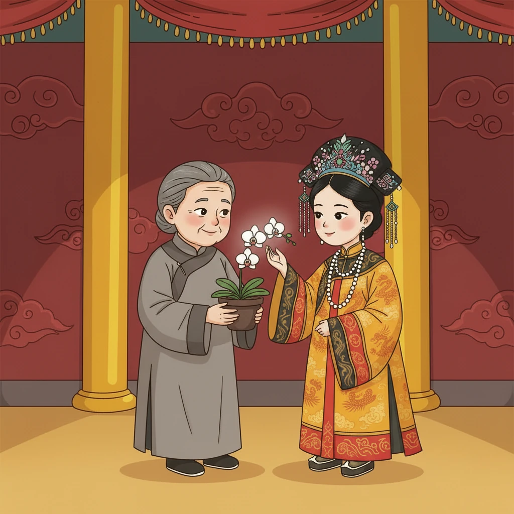 一位年迈的宫女，名叫李嬷嬷，注意到太后眼中的疲惫。她悄悄送上一盆刚开的素雅兰花，花香淡淡，带来一丝清新的气息。太后轻抚花瓣，感到一丝久违的温暖。