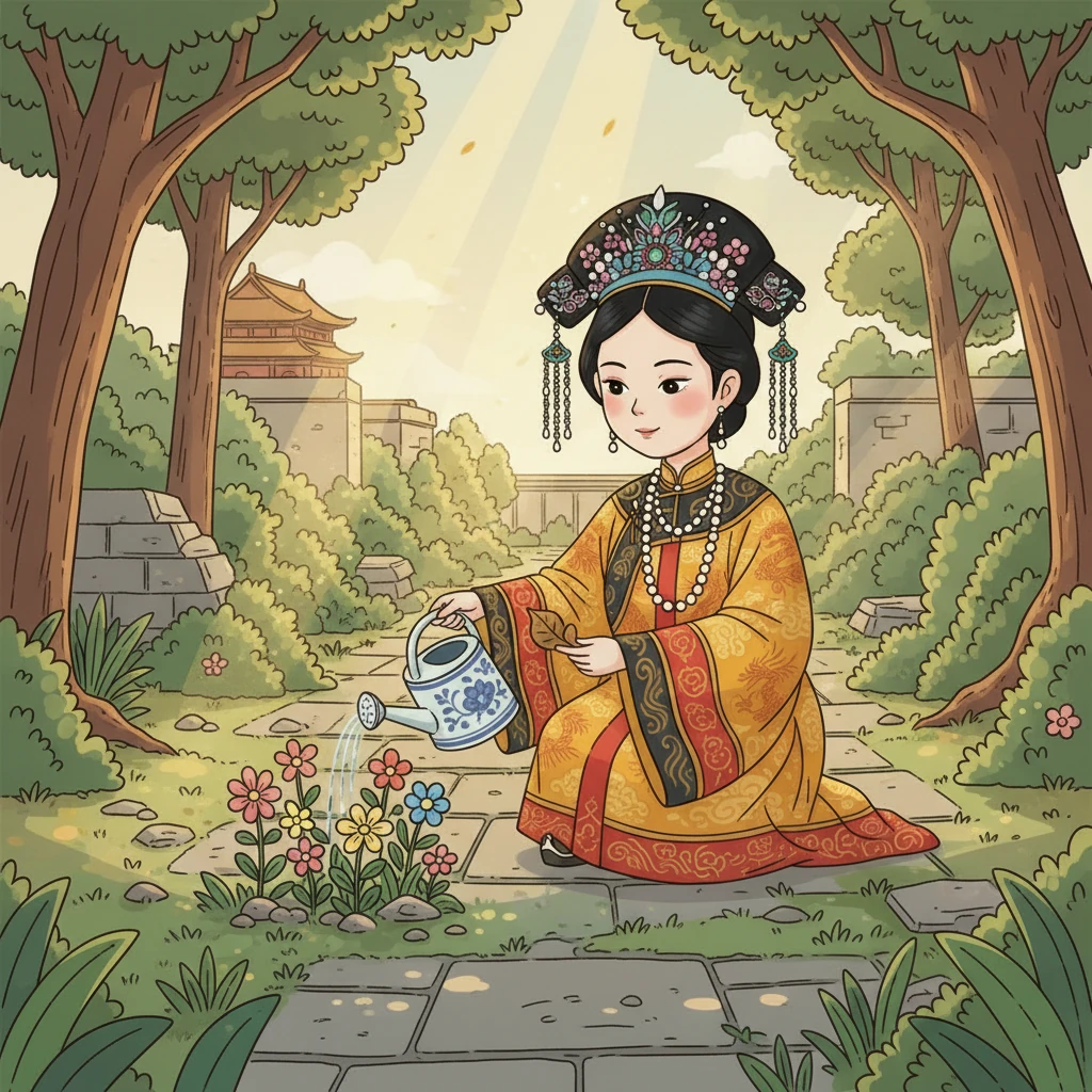 慈安太后开始在宫中一处被遗忘的小径上漫步，那里杂草丛生，却有几株野花顽强生长。她亲手为它们浇水，修剪枯叶，看着它们在阳光下摇曳，内心感到前所未有的宁静。