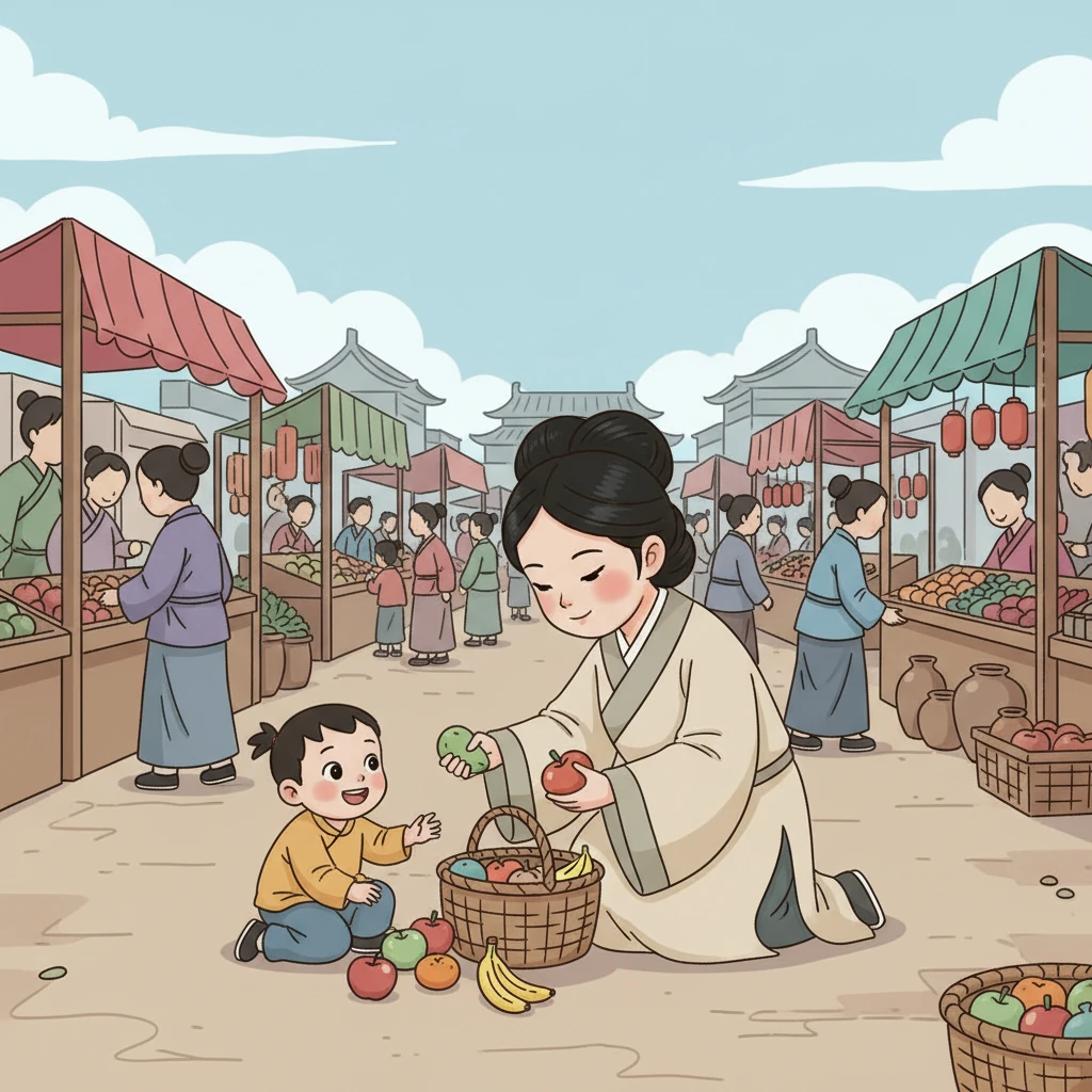 在市集，她看到一个孩子不小心打翻了篮子，水果滚落一地。慈安太后走上前，温柔地帮助孩子拾起水果，还偷偷塞给他一块精致的点心。孩子感激的笑容让她心头一暖。