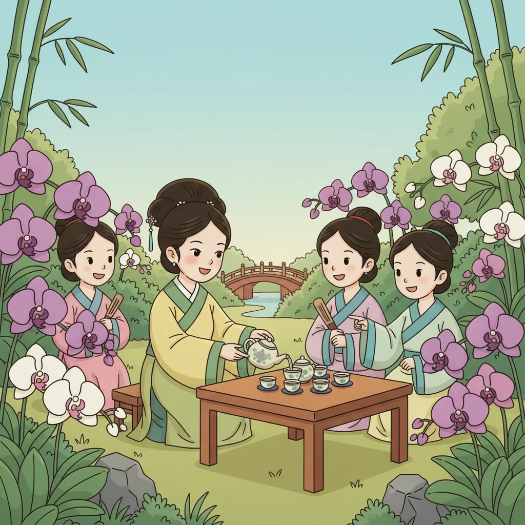 她开始邀请几位亲近的宫女和侍卫，在她的花园里品茶赏花，分享她亲手培育的兰花。宫人们感受到太后前所未有的亲和与喜悦，宫殿里也多了一丝温馨。