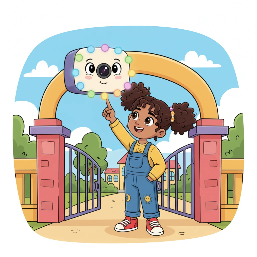 Anya, a cheerful girl with pigtails, stands at the school gate, looking up at a friendly-faced, blinking AI attendance machine. Colorful lights glow softly around its camera lens, making it seem like a gentle guardian.