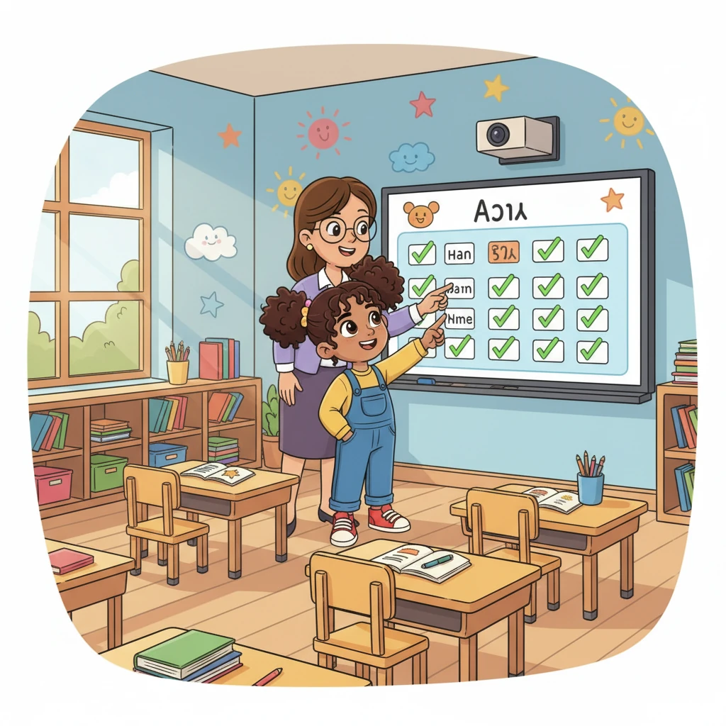 Inside the bustling classroom, Anya's teacher, Ms. Lily, points to a screen showing all the students' names with green checkmarks next to them. Anya smiles, proud to see her own name marked present.