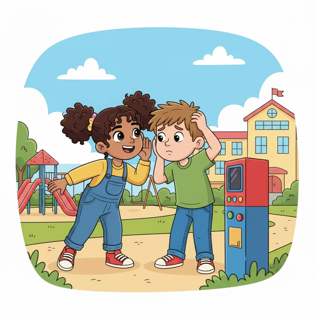 During recess, Anya whispers to her best friend, Leo, about the attendance machine. Leo looks puzzled, scratching his head as Anya gestures excitedly, trying to explain how it works.