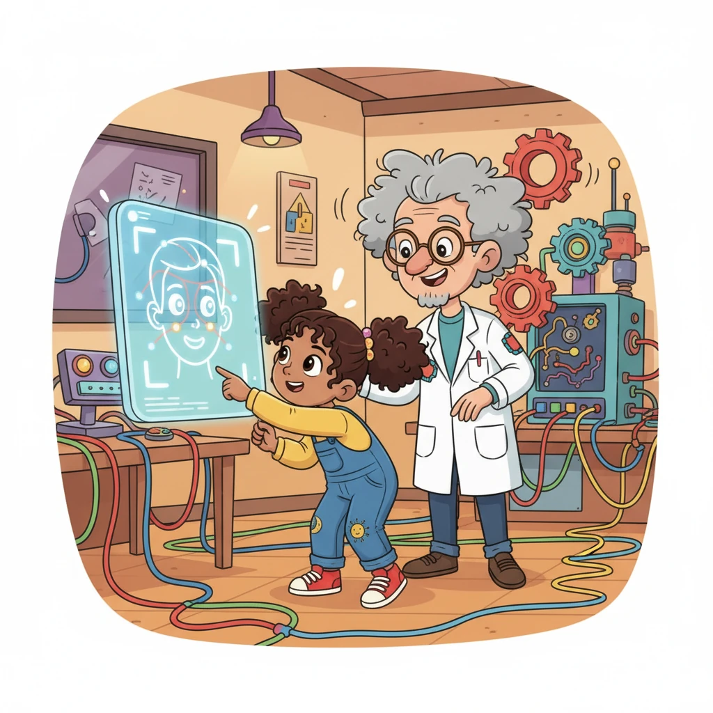 Anya visits the school's tech lab, where Mr. Gadget, the friendly tech teacher, is surrounded by wires and blinking lights. He shows Anya a diagram of how the AI 'sees' and recognizes faces.