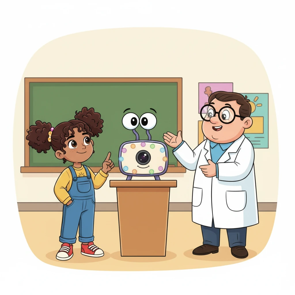 Mr. Gadget explains that the AI uses special 'eyes' (cameras) to see everyone's unique face, like a super-smart detective. Anya's eyes widen with understanding, imagining the machine as a playful robot.