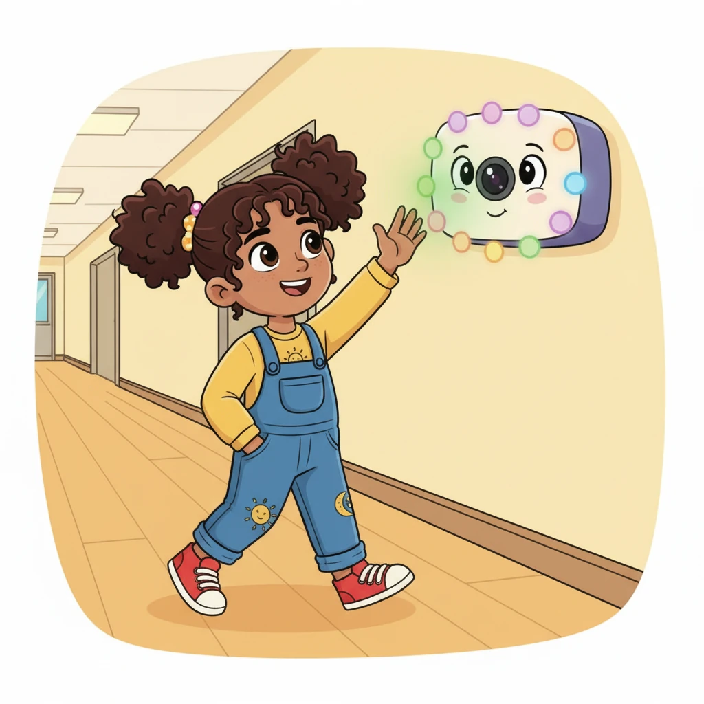 The next morning, Anya confidently walks past the attendance machine, giving it a little wave. The machine's light blinks green, confirming her presence with a happy little sound.