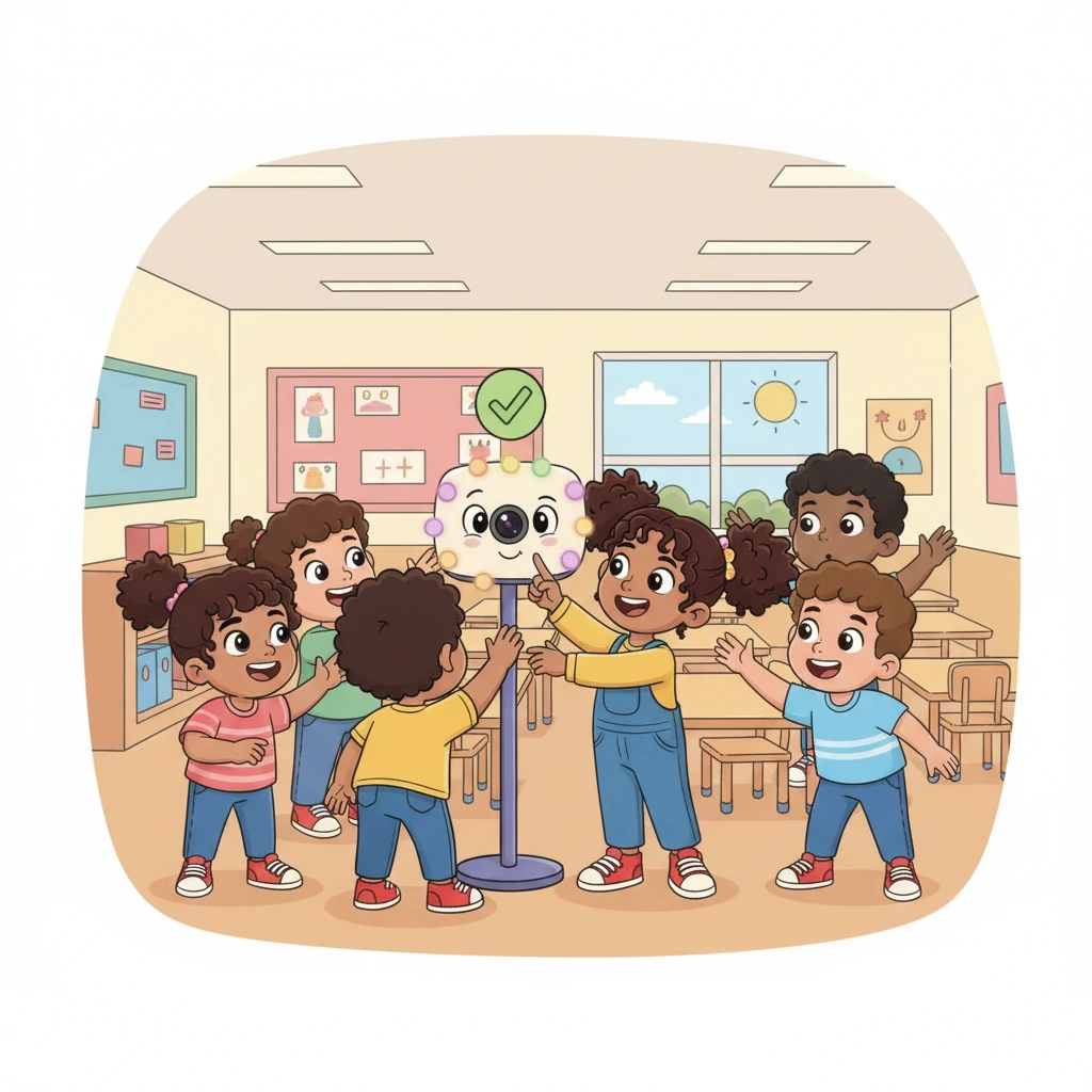 Anya and her classmates gather around the machine, taking turns to greet it. They laugh as the machine recognizes each of them, feeling like they're part of a fun, futuristic game.