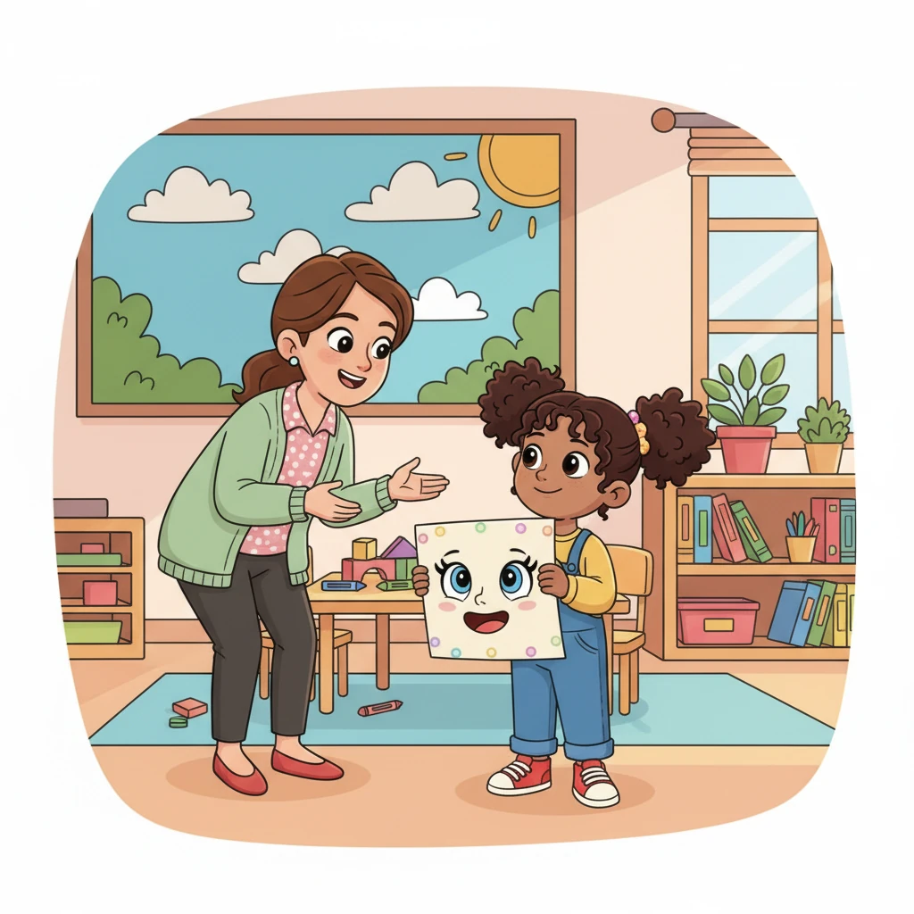 Anya draws a picture of the attendance machine, giving it big, happy eyes and a wide smile. She shows it to Ms. Lily, who praises her creativity and understanding of new technology.