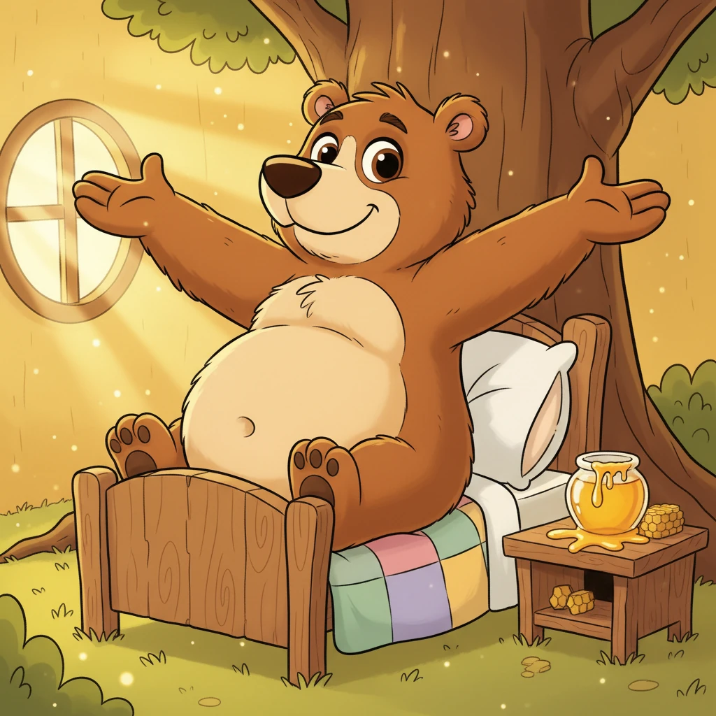 Barnaby Bear awoke with a rumble in his tummy, dreaming of golden, gooey honey. His big, round eyes twinkled with a hopeful sparkle. He stretched his arms wide, ready for a day of delicious discovery.
