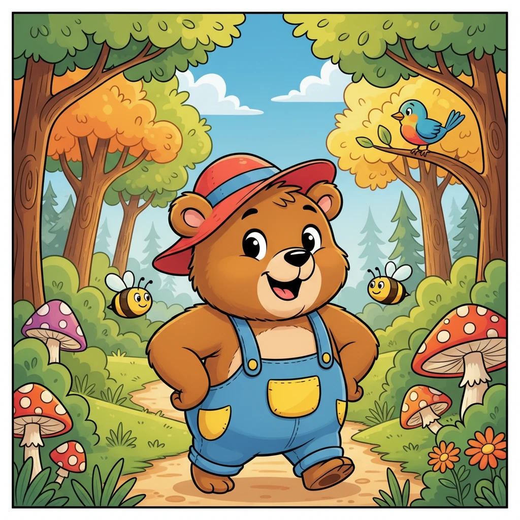 With a determined grin, Barnaby decided today was the day he'd find the sweetest honey in the whole forest. He put on his favorite little red hat, puffed out his chest, and set off on his grand adventure.