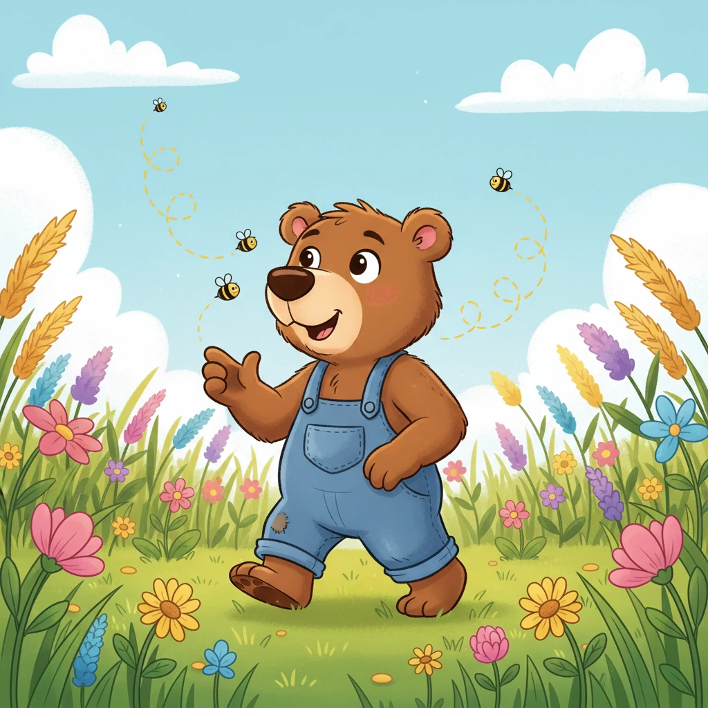He ambled through a sun-dappled meadow, following the faint, happy buzz of busy bees. Wildflowers swayed gently as Barnaby's paws padded softly on the grass, his nose twitching with excitement.
