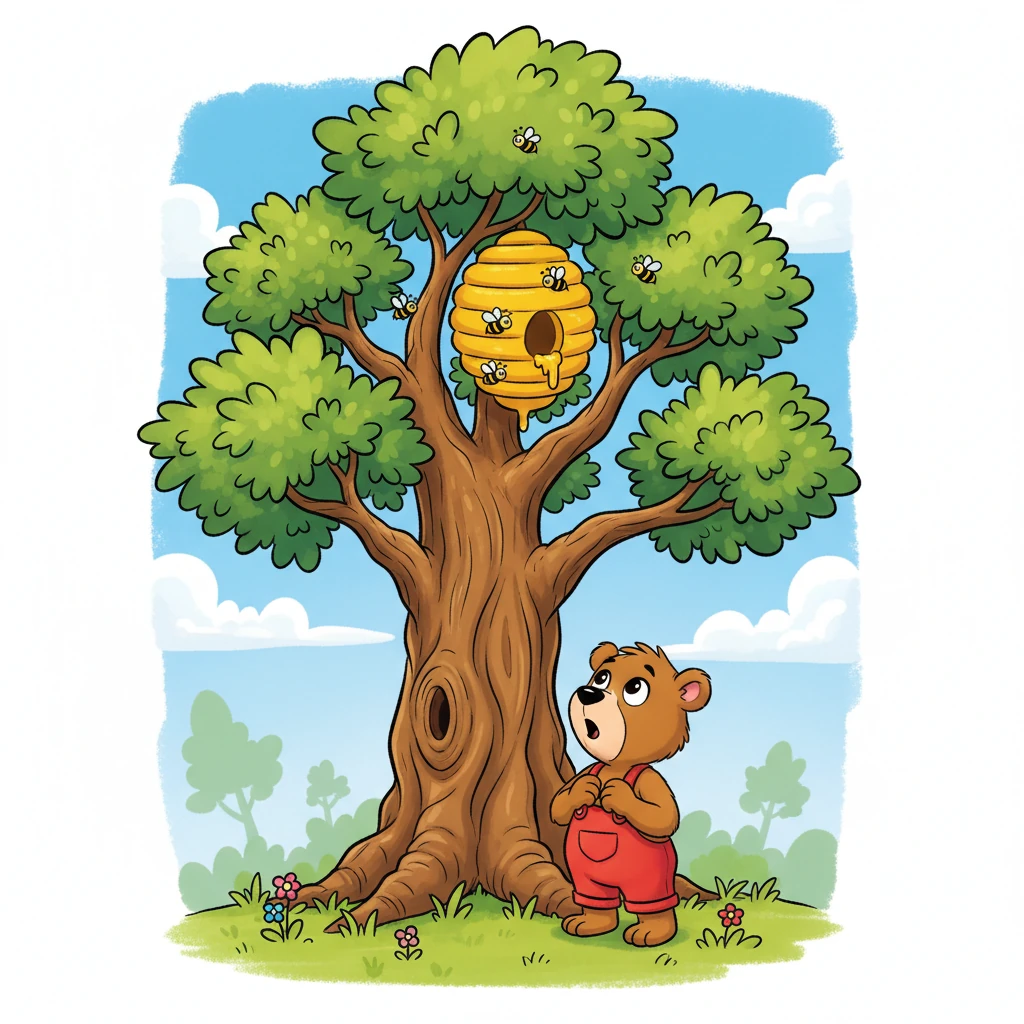Soon, he spotted a magnificent, ancient oak tree, taller than all the others, with a plump, golden beehive nestled high among its leaves. Barnaby's eyes grew wide with anticipation and a touch of awe.