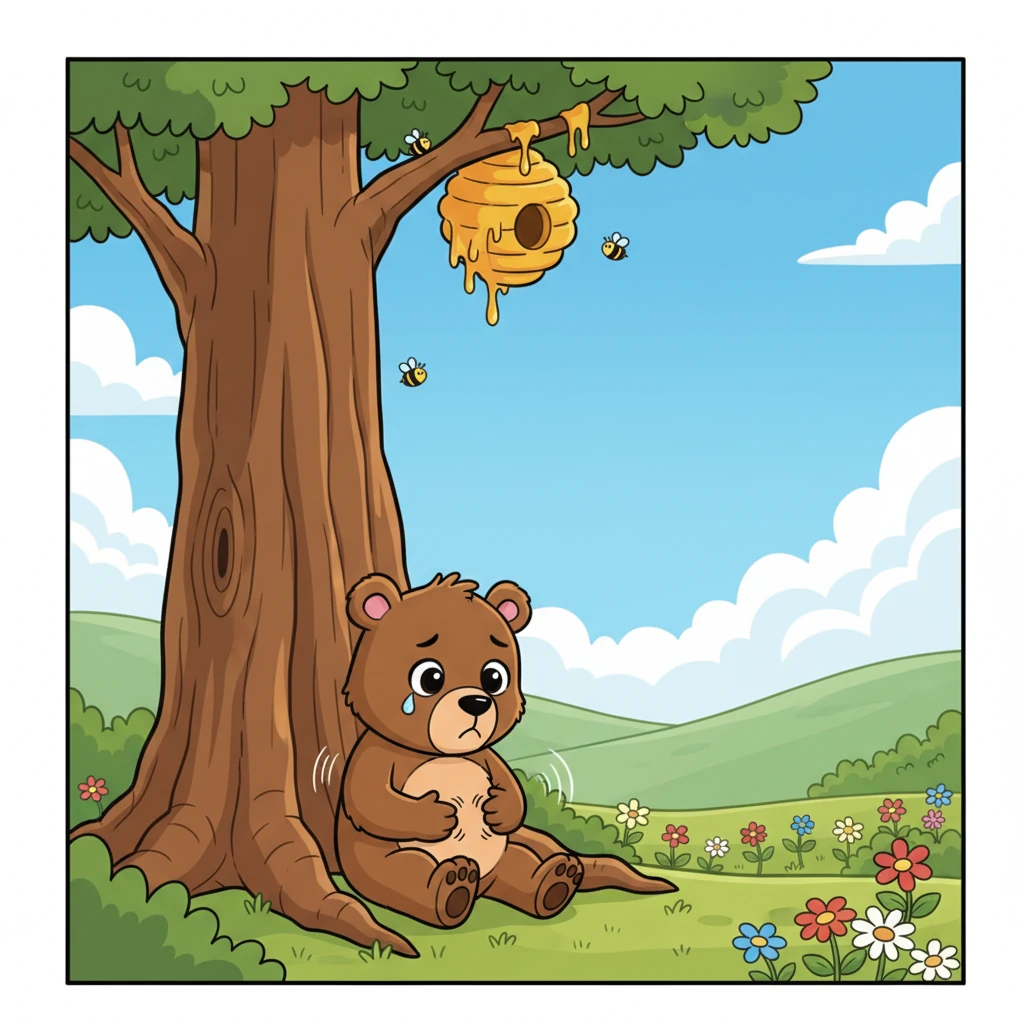 He slumped down at the base of the tree, a little tear welling up in his eye. His tummy rumbled even louder now, and the honey seemed so close, yet so far away. He felt a bit discouraged.