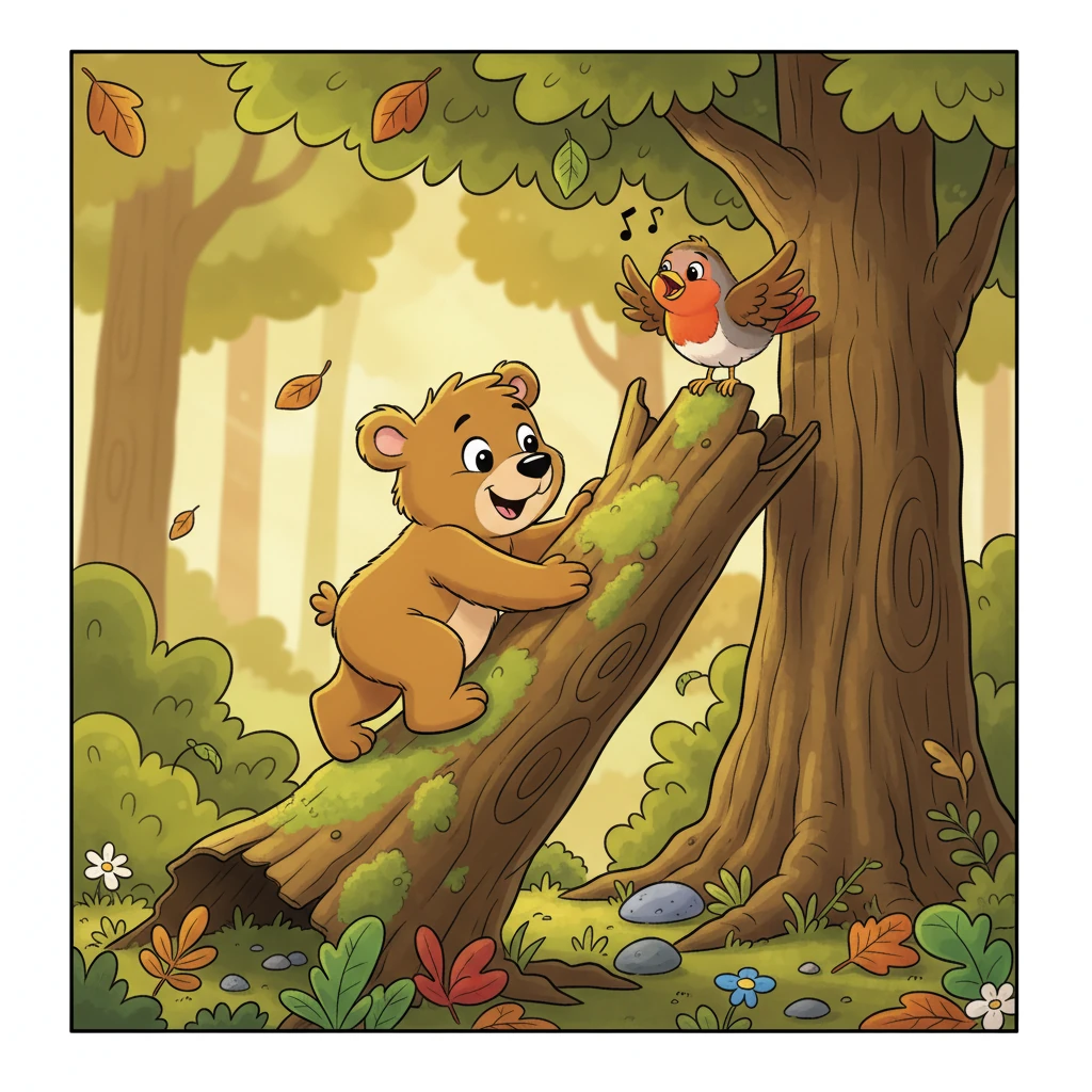 Barnaby's face brightened! He followed Robin's lead and found a sturdy fallen log that leaned perfectly against the tree, creating a natural ramp. With Robin's encouragement, he carefully climbed up.