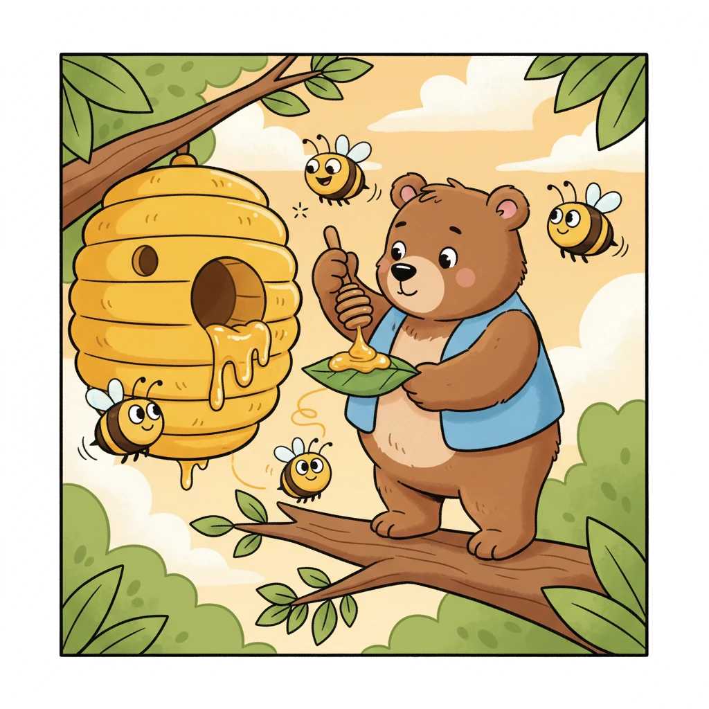 He gently reached the hive, where the friendly bees hummed a welcoming tune. Barnaby carefully scooped a small dollop of the glistening, golden honey onto a leaf, making sure not to disturb the busy workers.