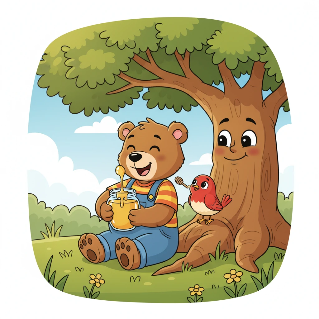 Sitting happily under the oak tree, Barnaby savored every single drop of the sweet, warm honey. He shared a tiny bit with his new friend, Robin, knowing that shared joy tasted even better.