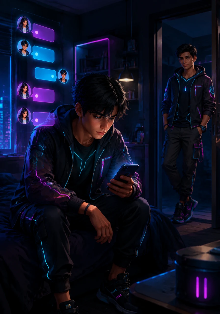 Vivaan stares at his phone screen in the dim light of his room, waiting for a reply from Avni. Her cold, one-word responses sting, yet he finds himself unable to stop reaching out, hoping for a spark of connection in the digital silence.