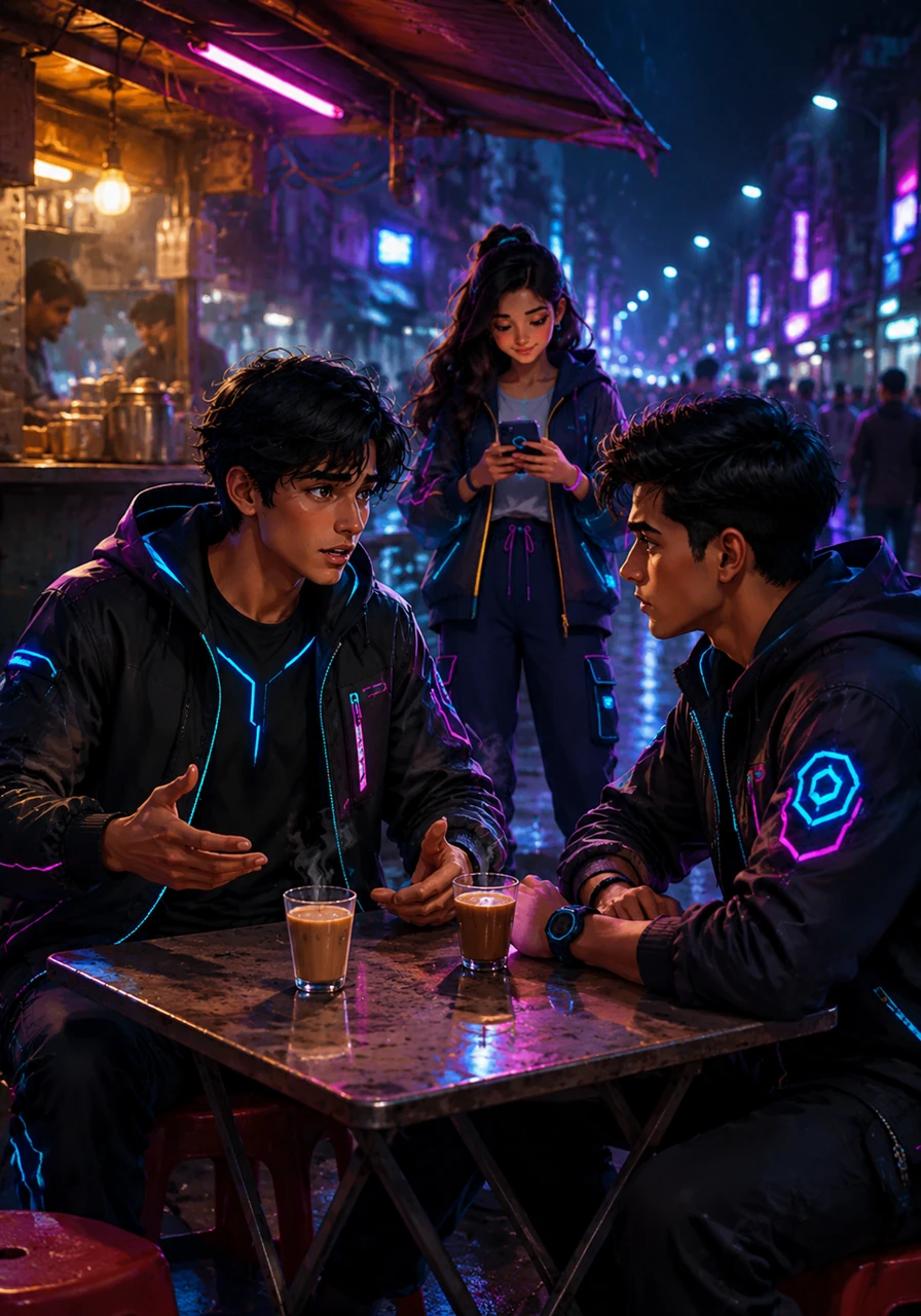 At a bustling roadside tea stall, Vivaan pours his heart out to his best friend Shiva over steaming cups of chai. The warm glow of the stall and the city noise surround them as Vivaan confesses his growing confusion and the emotional toll of Avni's distant replies.