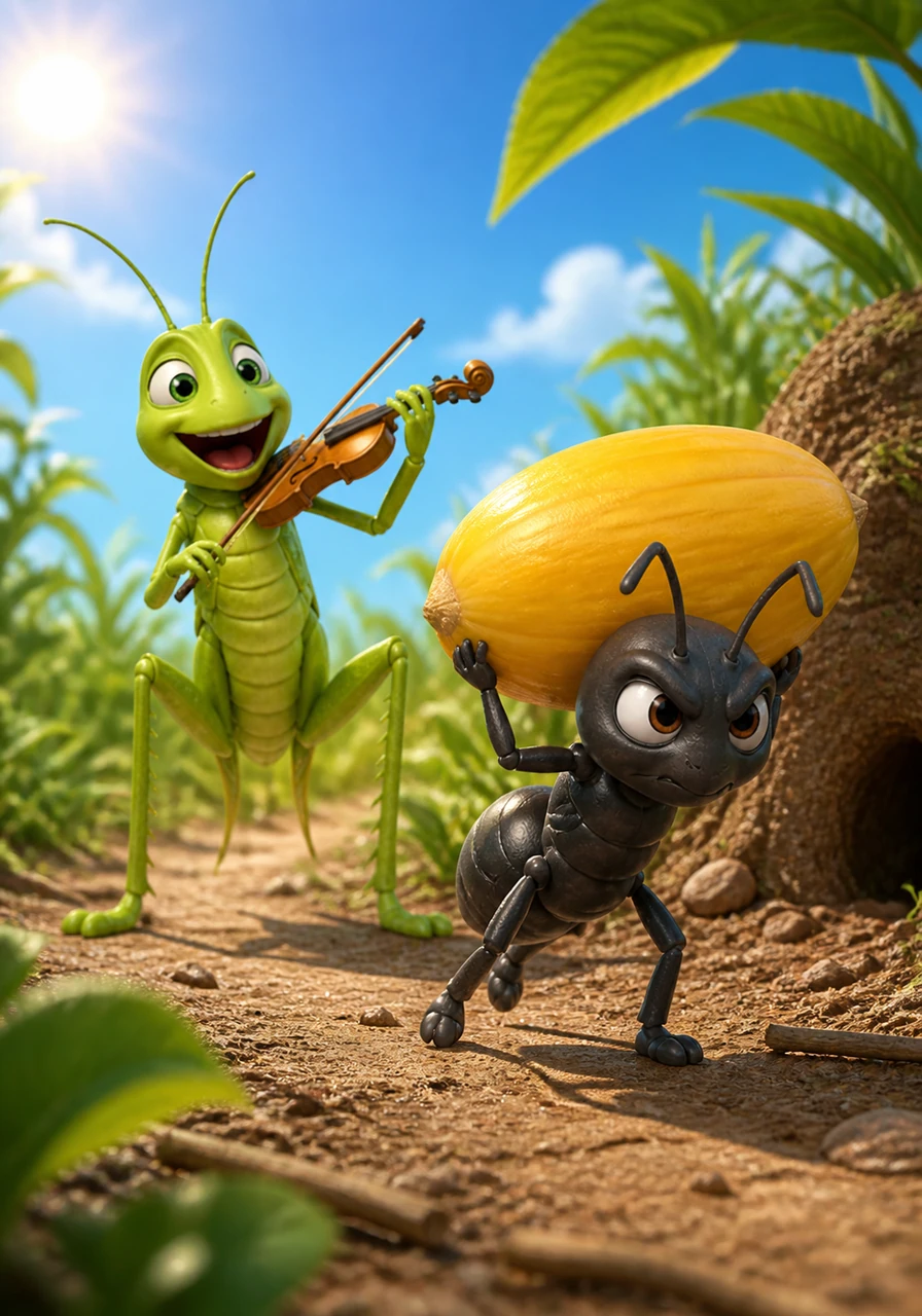 Under the warm summer sun, a cheerful Grasshopper plays his fiddle and sings while a diligent Ant carries a heavy grain of corn to her nest. The Grasshopper invites her to stop and play, but the Ant remains focused on her task, preparing for the cold days ahead.