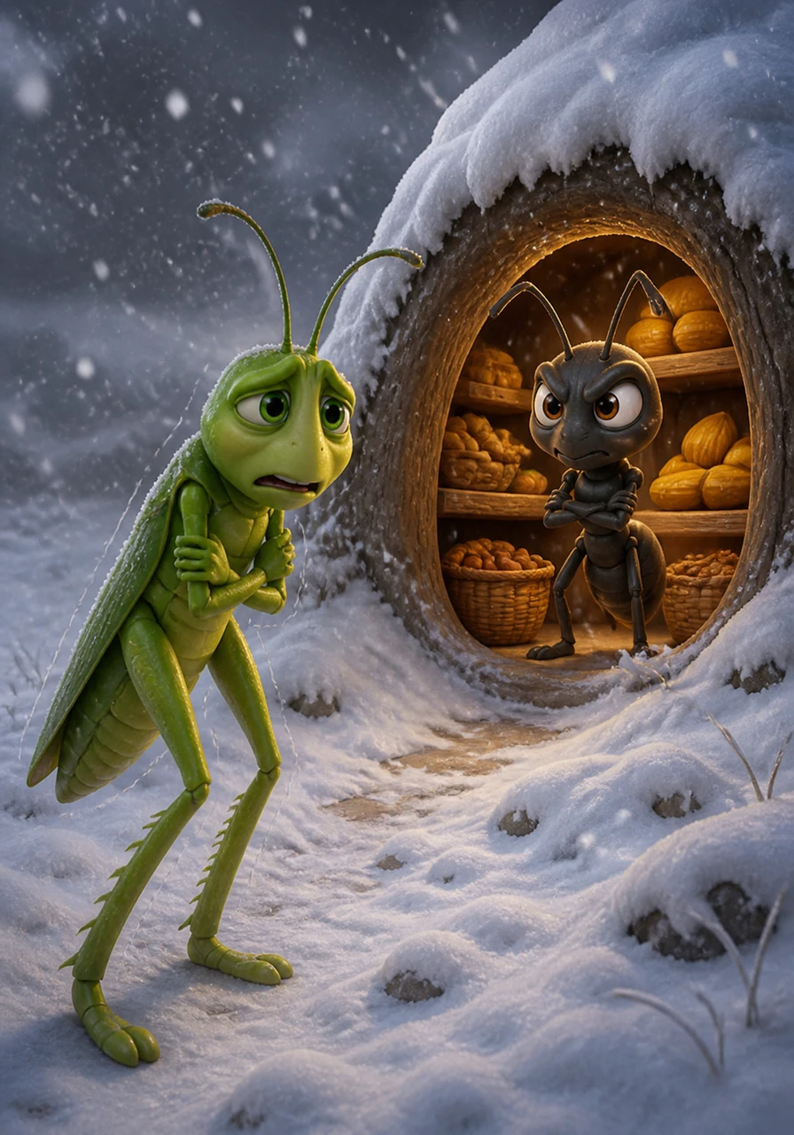When the first snow falls and the ground turns white, the Grasshopper finds himself cold and hungry with nothing to eat. He walks through the shivering wind to the Ant’s warm, well-stocked home, hoping she might share the food she gathered during the summer.