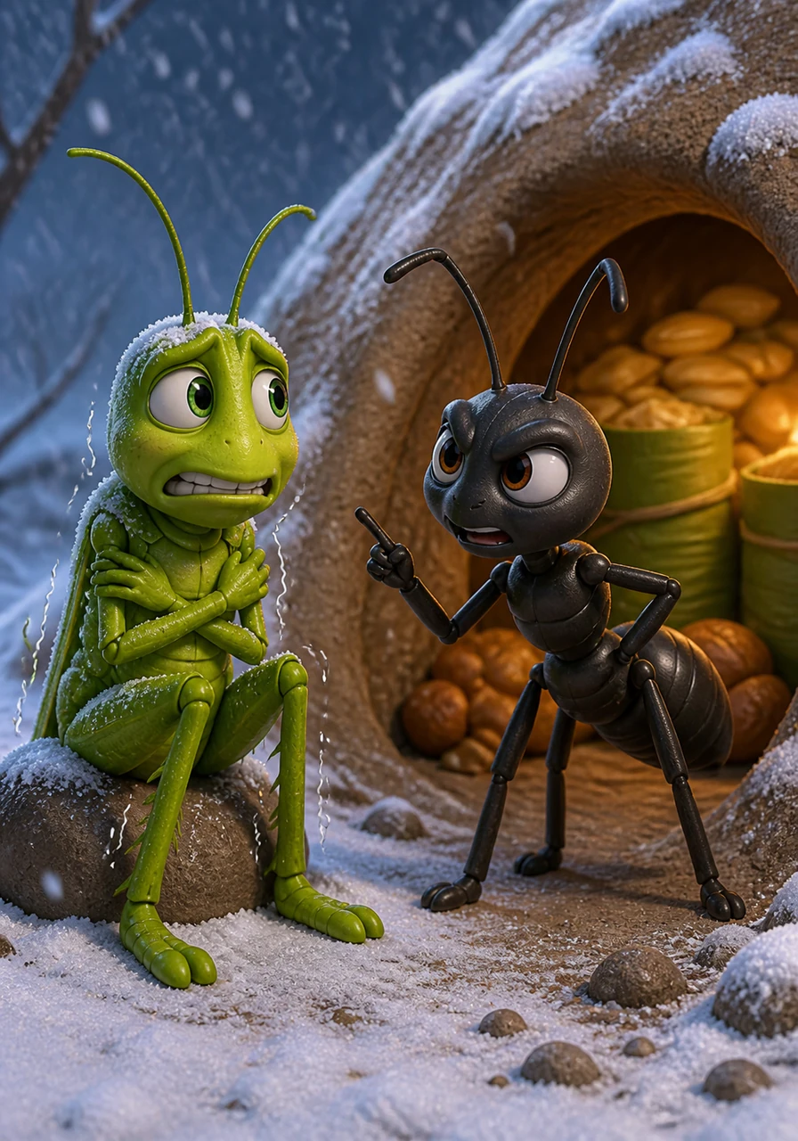 The Ant looks at the shivering Grasshopper and reminds him that while she worked hard all summer, he spent his time only playing. She shares a valuable lesson about the importance of working today to be prepared for the challenges of tomorrow.