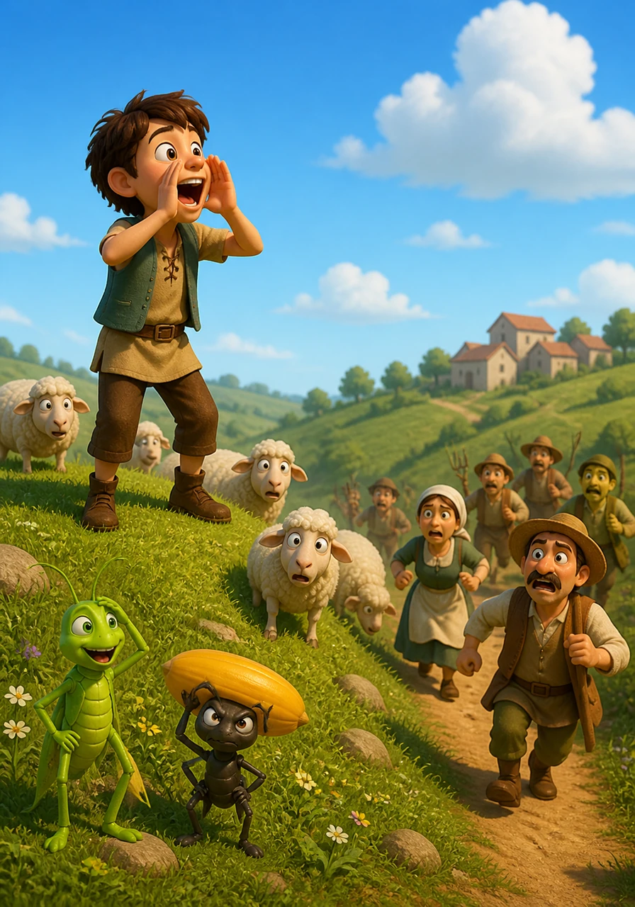 On a sunny hillside, a young shepherd boy named Leo gets bored watching his sheep and decides to play a trick on the nearby villagers. He cups his hands and shouts "Wolf! Wolf!" at the top of his lungs, watching the townspeople rush up the hill in a panic only to find no wolf at all.