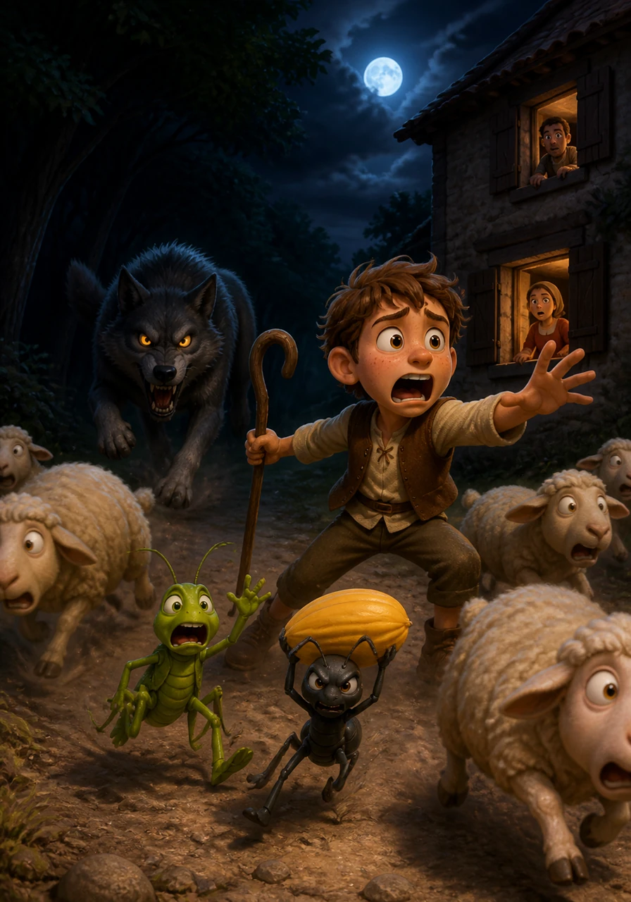 Suddenly, a real wolf with glowing eyes emerges from the dark shadows of the forest to attack the flock. Leo screams for help in terror, but the villagers stay in their homes, believing it is just another one of his lies as the wolf chases the sheep away.