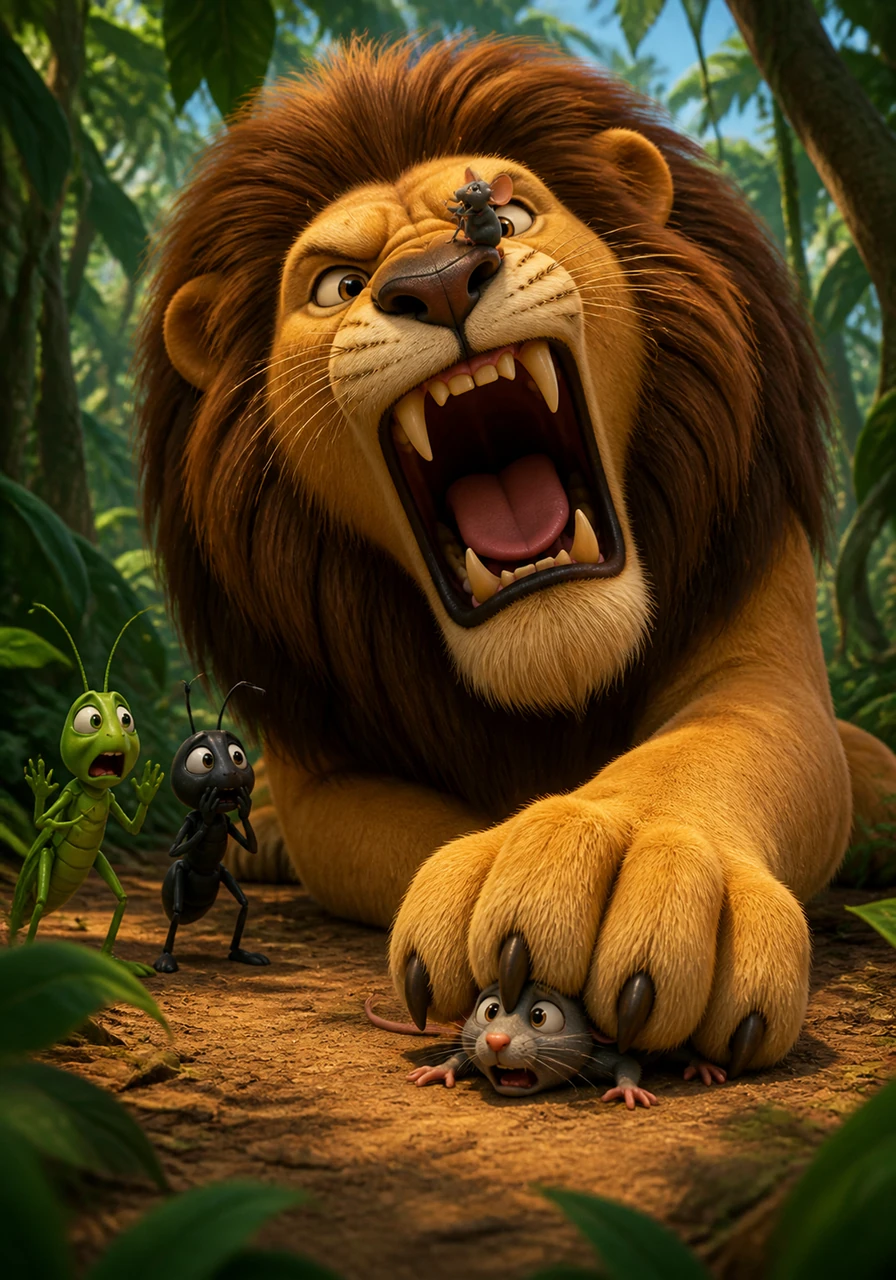 In the heart of the jungle, a mighty Lion is awoken from his nap when a tiny Mouse accidentally scurries across his nose. The Lion lets out a thunderous roar and traps the trembling Mouse under his massive, heavy paw, ready to eat the little intruder.